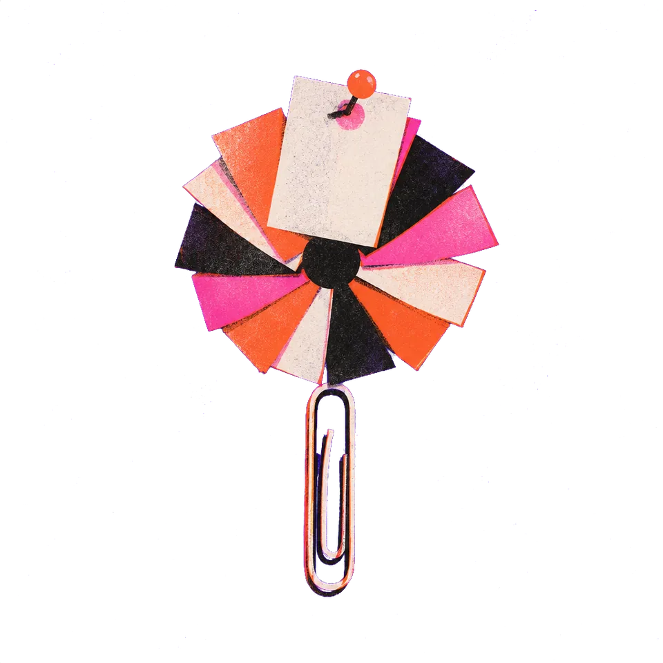 A fan of paper notes held by a paperclip