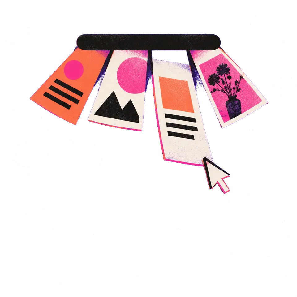 Cards hanging from a notch like a row of tickets, with a cursor picking one