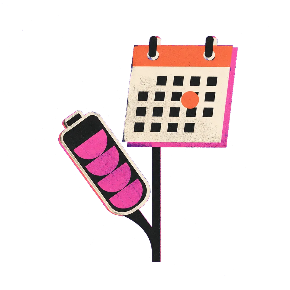 A calendar page and a battery growing from one stem