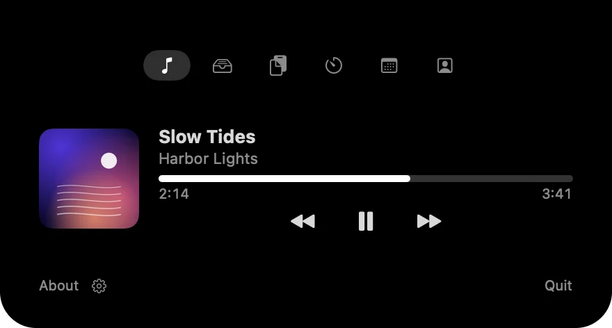 The Now Playing tab with artwork, a progress bar, playback controls