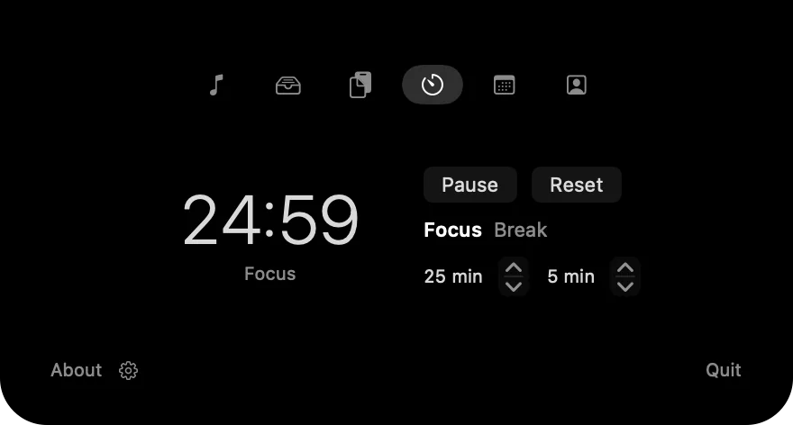 The Timer tab showing 24:58 of a 25 minute focus session