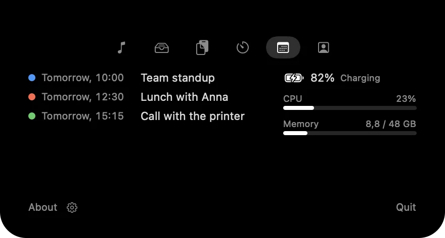 The Today tab with upcoming events, battery at 82 percent charging, CPU and memory